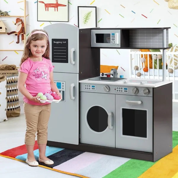Cuisine Enfant en Bois avec Sons Réel Jouet Cuisinière avec Four Micro-ondes Réfrigérateur etc de 3 à 8 Ans
