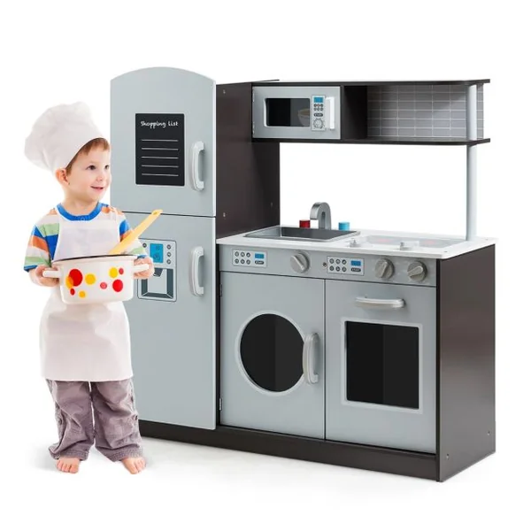 Cuisine Enfant en Bois avec Sons Réel Jouet Cuisinière avec Four Micro-ondes Réfrigérateur etc de 3 à 8 Ans