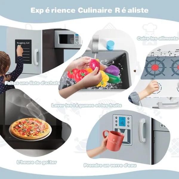 Cuisine Enfant en Bois avec Sons Réel Jouet Cuisinière avec Four Micro-ondes Réfrigérateur etc de 3 à 8 Ans