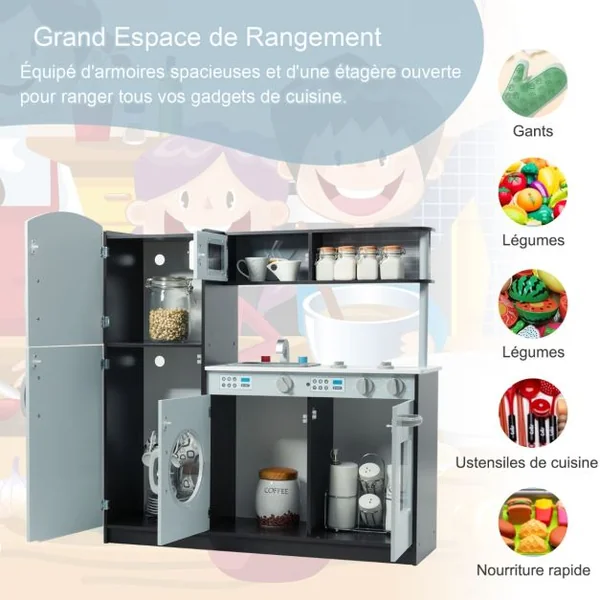 Cuisine Enfant en Bois avec Sons Réel Jouet Cuisinière avec Four Micro-ondes Réfrigérateur etc de 3 à 8 Ans