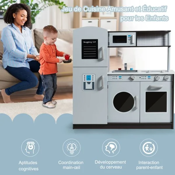 Cuisine Enfant en Bois avec Sons Réel Jouet Cuisinière avec Four Micro-ondes Réfrigérateur etc de 3 à 8 Ans