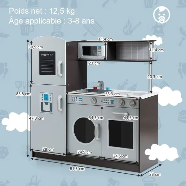 Cuisine Enfant en Bois avec Sons Réel Jouet Cuisinière avec Four Micro-ondes Réfrigérateur etc de 3 à 8 Ans