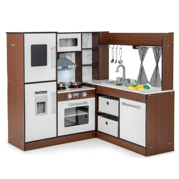 Cuisine Enfant en Bois pour 3 Ans+ 18 Accessoires avec Lumière Son et Système de Circulation d'Eau Marron