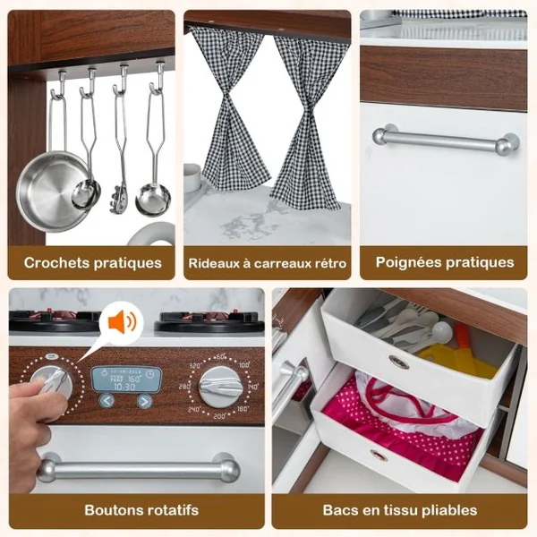 Cuisine Enfant en Bois pour 3 Ans+ 18 Accessoires avec Lumière Son et Système de Circulation d'Eau Marron