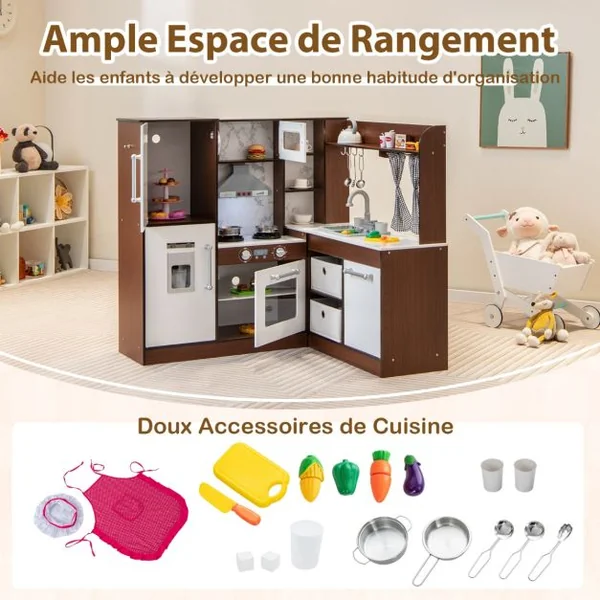 Cuisine Enfant en Bois pour 3 Ans+ 18 Accessoires avec Lumière Son et Système de Circulation d'Eau Marron