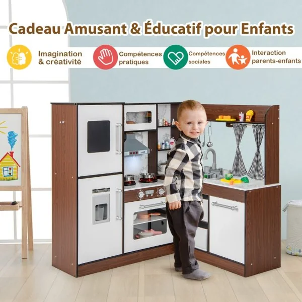 Cuisine Enfant en Bois pour 3 Ans+ 18 Accessoires avec Lumière Son et Système de Circulation d'Eau Marron