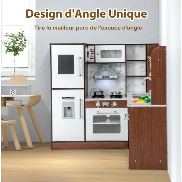 Cuisine Enfant en Bois pour 3 Ans+ 18 Accessoires avec Lumière Son et Système de Circulation d'Eau Marron