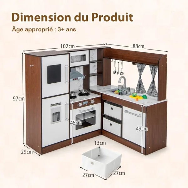 Cuisine Enfant en Bois pour 3 Ans+ 18 Accessoires avec Lumière Son et Système de Circulation d'Eau Marron