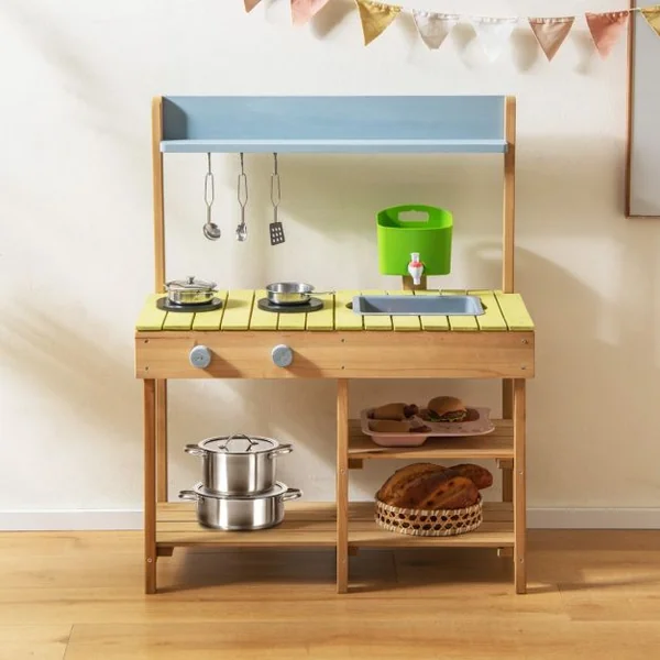 Cuisine Enfant en Bois Sapin Réservoir à Eau 700 ML & Robinet 3 Crochets 1 Étagère Amovible 2 Étagères Fixes 3-8 Ans