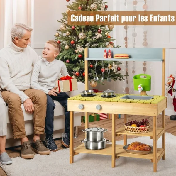 Cuisine Enfant en Bois Sapin Réservoir à Eau 700 ML & Robinet 3 Crochets 1 Étagère Amovible 2 Étagères Fixes 3-8 Ans