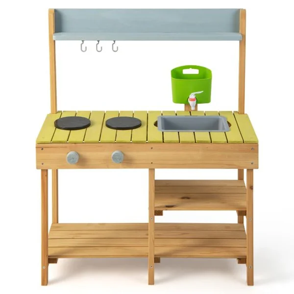 Cuisine Enfant en Bois Sapin Réservoir à Eau 700 ML & Robinet 3 Crochets 1 Étagère Amovible 2 Étagères Fixes 3-8 Ans
