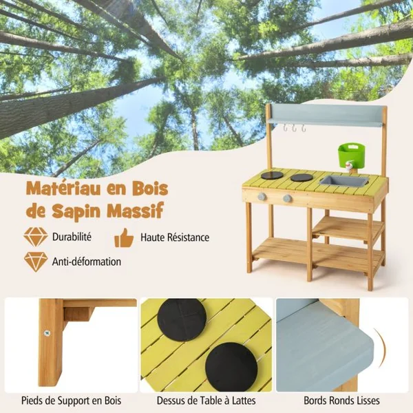 Cuisine Enfant en Bois Sapin Réservoir à Eau 700 ML & Robinet 3 Crochets 1 Étagère Amovible 2 Étagères Fixes 3-8 Ans