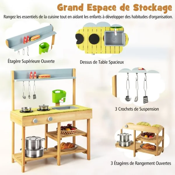 Cuisine Enfant en Bois Sapin Réservoir à Eau 700 ML & Robinet 3 Crochets 1 Étagère Amovible 2 Étagères Fixes 3-8 Ans