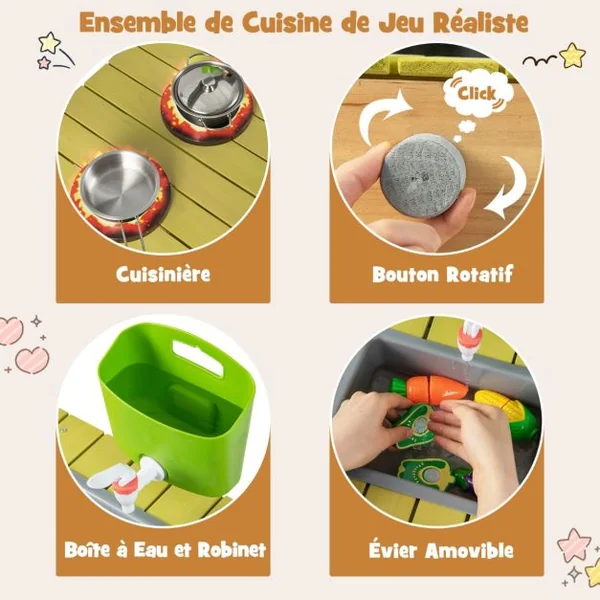 Cuisine Enfant en Bois Sapin Réservoir à Eau 700 ML & Robinet 3 Crochets 1 Étagère Amovible 2 Étagères Fixes 3-8 Ans