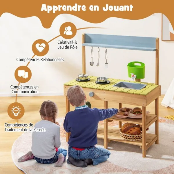 Cuisine Enfant en Bois Sapin Réservoir à Eau 700 ML & Robinet 3 Crochets 1 Étagère Amovible 2 Étagères Fixes 3-8 Ans