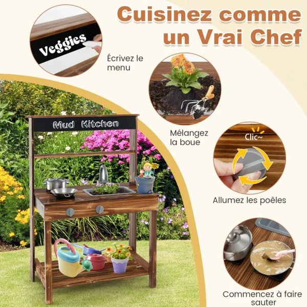 Cuisine Enfant Extérieure en Bois de Sapin 2 Accessoires 65 x 40 x 96 cm pour 3-7 Ans Naturel