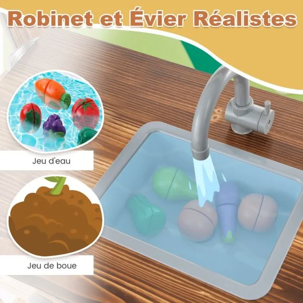 Cuisine Enfant Extérieure en Bois de Sapin 2 Accessoires 65 x 40 x 96 cm pour 3-7 Ans Naturel