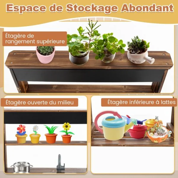 Cuisine Enfant Extérieure en Bois de Sapin 2 Accessoires 65 x 40 x 96 cm pour 3-7 Ans Naturel