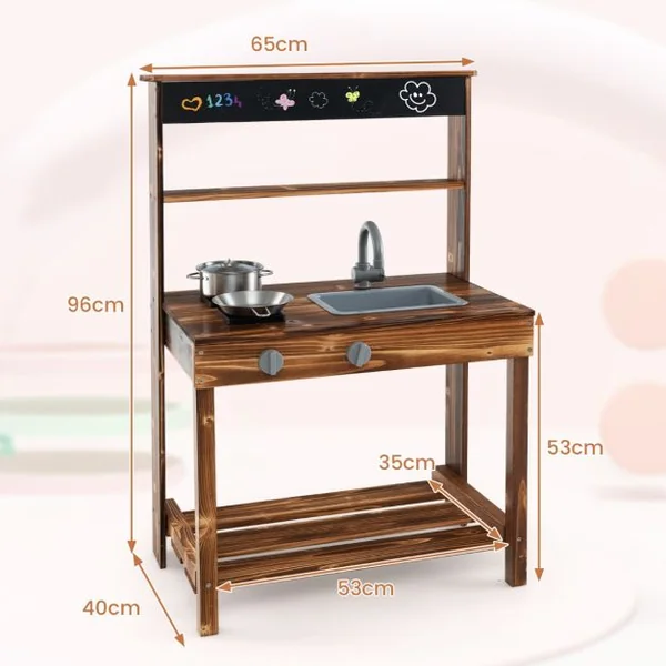 Cuisine Enfant Extérieure en Bois de Sapin 2 Accessoires 65 x 40 x 96 cm pour 3-7 Ans Naturel