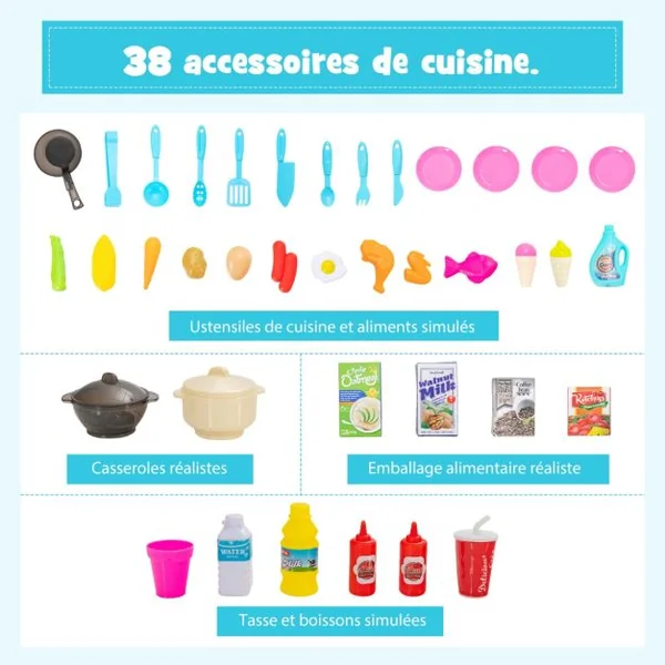 Cuisine Enfants 38 Accessoires Jouet Dînette Lumières et Sons Réalistes Cadeaux de Noël / d'Anniversaire 3 Ans+ Bleu