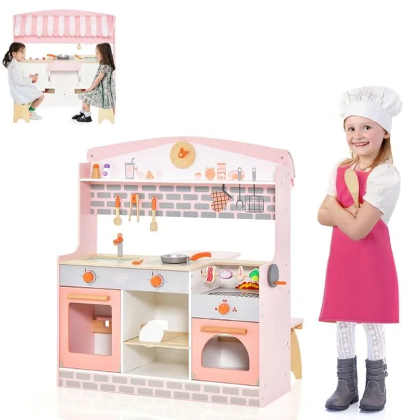 Cuisine Enfants 3-8 Ans 14 Accessoires 2 Face : Restaurant à autre côté Four à rôtir Barbecue Auvent réglable
