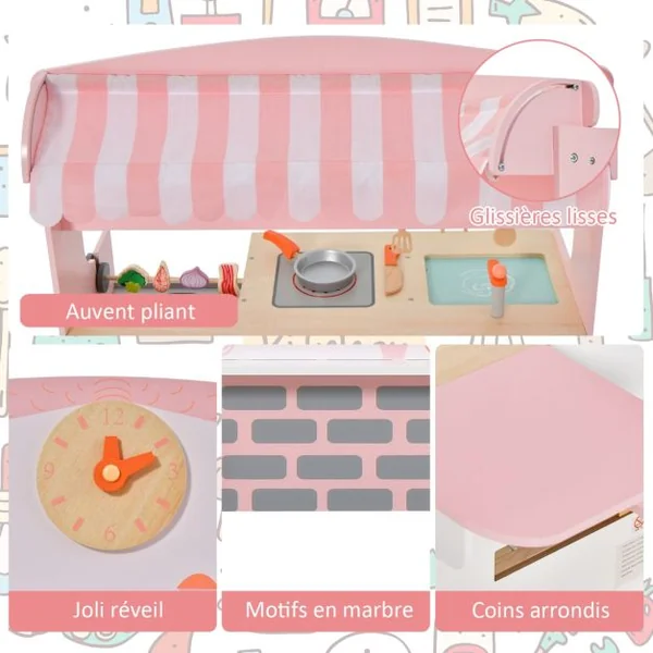 Cuisine Enfants 3-8 Ans 14 Accessoires 2 Face : Restaurant à autre côté Four à rôtir Barbecue Auvent réglable