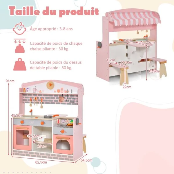 Cuisine Enfants 3-8 Ans 14 Accessoires 2 Face : Restaurant à autre côté Four à rôtir Barbecue Auvent réglable