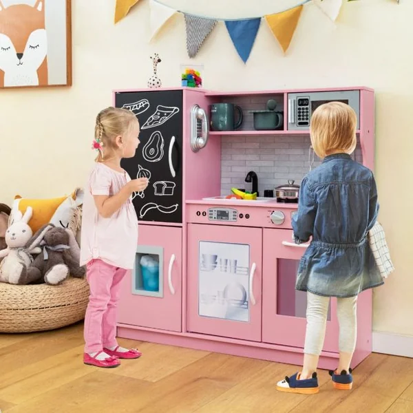 Cuisine Enfants 3 - 6 Ans en Bois avec Téléphone Tableau Noir Micro-ondes Machine de Glaçons 7 Accessoires 5 Couleurs au Choix
