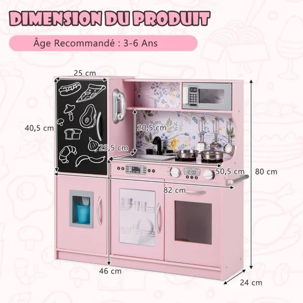 Cuisine Enfants 3 - 6 Ans en Bois avec Téléphone Tableau Noir Micro-ondes Machine de Glaçons 7 Accessoires 5 Couleurs au Choix