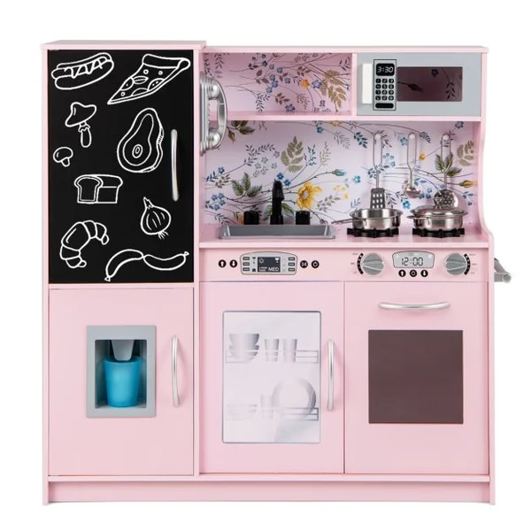 Cuisine Enfants 3 - 6 Ans en Bois avec Téléphone Tableau Noir Micro-ondes Machine de Glaçons 7 Accessoires 5 Couleurs au Choix