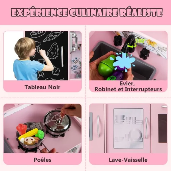 Cuisine Enfants 3 - 6 Ans en Bois avec Téléphone Tableau Noir Micro-ondes Machine de Glaçons 7 Accessoires 5 Couleurs au Choix