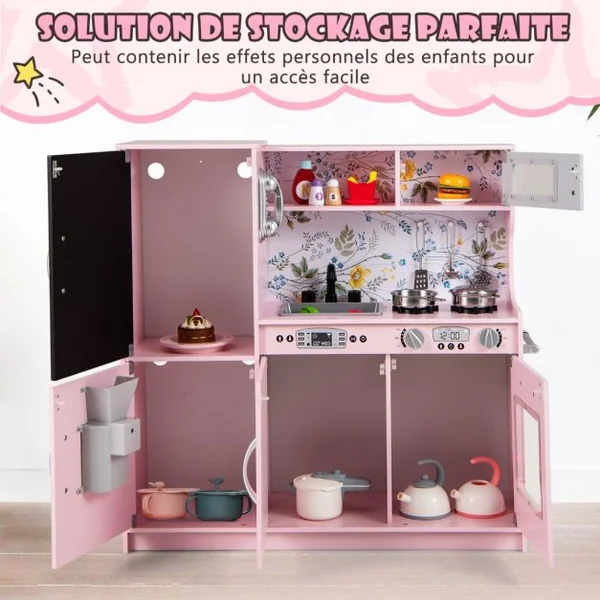 Cuisine Enfants 3 - 6 Ans en Bois avec Téléphone Tableau Noir Micro-ondes Machine de Glaçons 7 Accessoires 5 Couleurs au Choix