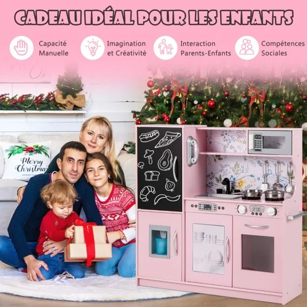 Cuisine Enfants 3 - 6 Ans en Bois avec Téléphone Tableau Noir Micro-ondes Machine de Glaçons 7 Accessoires 5 Couleurs au Choix