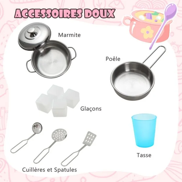 Cuisine Enfants 3 - 6 Ans en Bois avec Téléphone Tableau Noir Micro-ondes Machine de Glaçons 7 Accessoires 5 Couleurs au Choix
