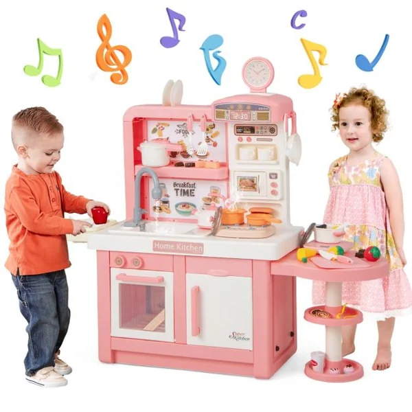 Cuisine Enfants 3 Ans+48 Accessoires Jouet Dînette Lumières et Sons Réalistes Cadeaux de Noël d'Anniversaire Gris
