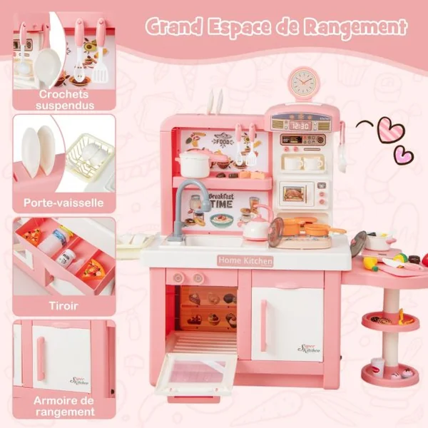 Cuisine Enfants 3 Ans+48 Accessoires Jouet Dînette Lumières et Sons Réalistes Cadeaux de Noël d'Anniversaire Gris