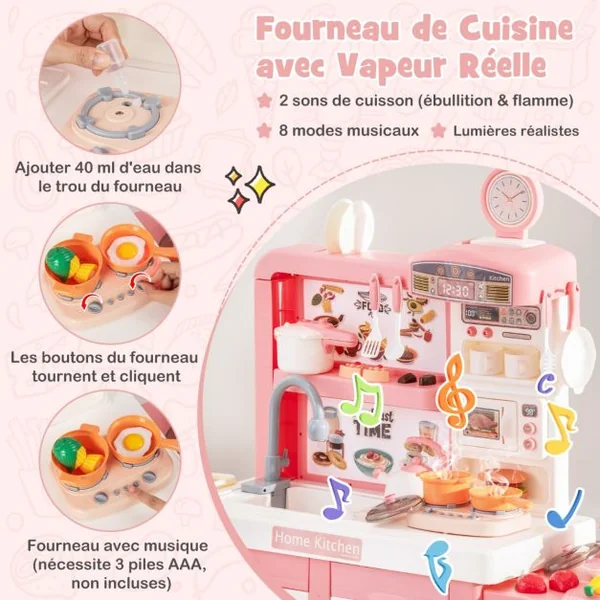 Cuisine Enfants 3 Ans+48 Accessoires Jouet Dînette Lumières et Sons Réalistes Cadeaux de Noël d'Anniversaire Gris