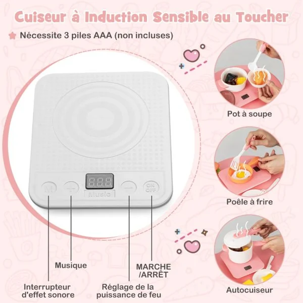 Cuisine Enfants 3 Ans+48 Accessoires Jouet Dînette Lumières et Sons Réalistes Cadeaux de Noël d'Anniversaire Gris