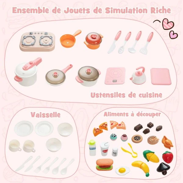 Cuisine Enfants 3 Ans+48 Accessoires Jouet Dînette Lumières et Sons Réalistes Cadeaux de Noël d'Anniversaire Gris