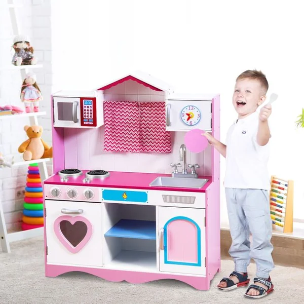 Cuisine Enfants 3 Ans+, 82 x 30 x 100,5 cm Son Réaliste, avec Micro-Ondes, Evier et Horloge Ludique Rose