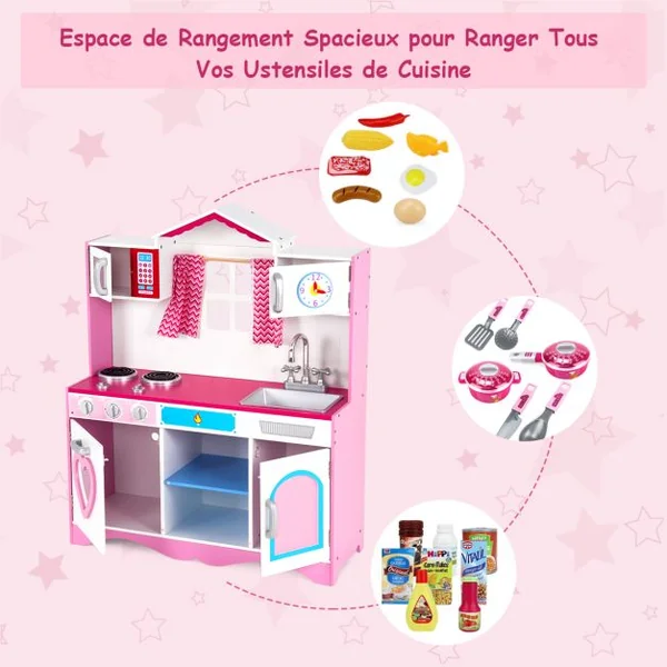 Cuisine Enfants 3 Ans+, 82 x 30 x 100,5 cm Son Réaliste, avec Micro-Ondes, Evier et Horloge Ludique Rose