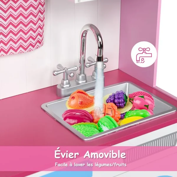 Cuisine Enfants 3 Ans+, 82 x 30 x 100,5 cm Son Réaliste, avec Micro-Ondes, Evier et Horloge Ludique Rose