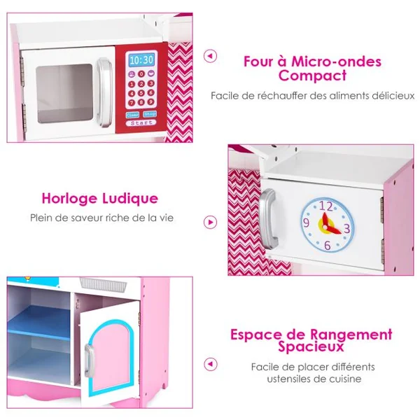 Cuisine Enfants 3 Ans+, 82 x 30 x 100,5 cm Son Réaliste, avec Micro-Ondes, Evier et Horloge Ludique Rose