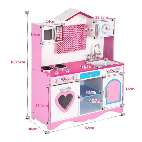 Cuisine Enfants 3 Ans+, 82 x 30 x 100,5 cm Son Réaliste, avec Micro-Ondes, Evier et Horloge Ludique Rose