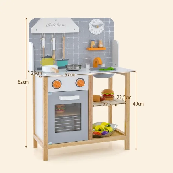 Cuisine Enfants 3 Ans+ en Bois avec Horloge Mignonne Son Réaliste 6 Accessoires Gris