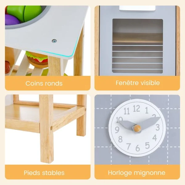 Cuisine Enfants 3 Ans+ en Bois avec Horloge Mignonne Son Réaliste 6 Accessoires Gris