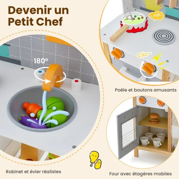 Cuisine Enfants 3 Ans+ en Bois avec Horloge Mignonne Son Réaliste 6 Accessoires Gris