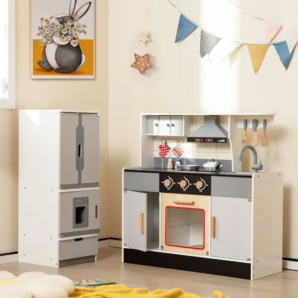 Cuisine Enfants avec Réfrigérateur & 12 Accessoires Jeu de Cuisine avec Machine à Glaçons Espace de Stockage Lumière & Son pour 3 Ans+