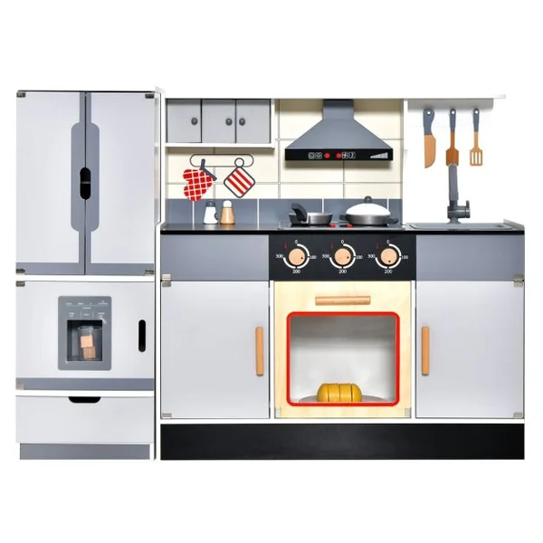 Cuisine Enfants avec Réfrigérateur & 12 Accessoires Jeu de Cuisine avec Machine à Glaçons Espace de Stockage Lumière & Son pour 3 Ans+