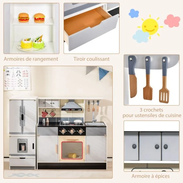 Cuisine Enfants avec Réfrigérateur & 12 Accessoires Jeu de Cuisine avec Machine à Glaçons Espace de Stockage Lumière & Son pour 3 Ans+